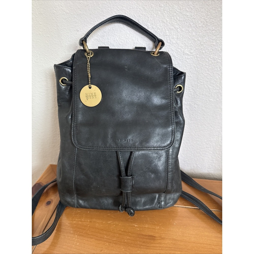 Vintage Soft Black Leather Ninewest Backpack Drawstring Flap Closure Brass Tag